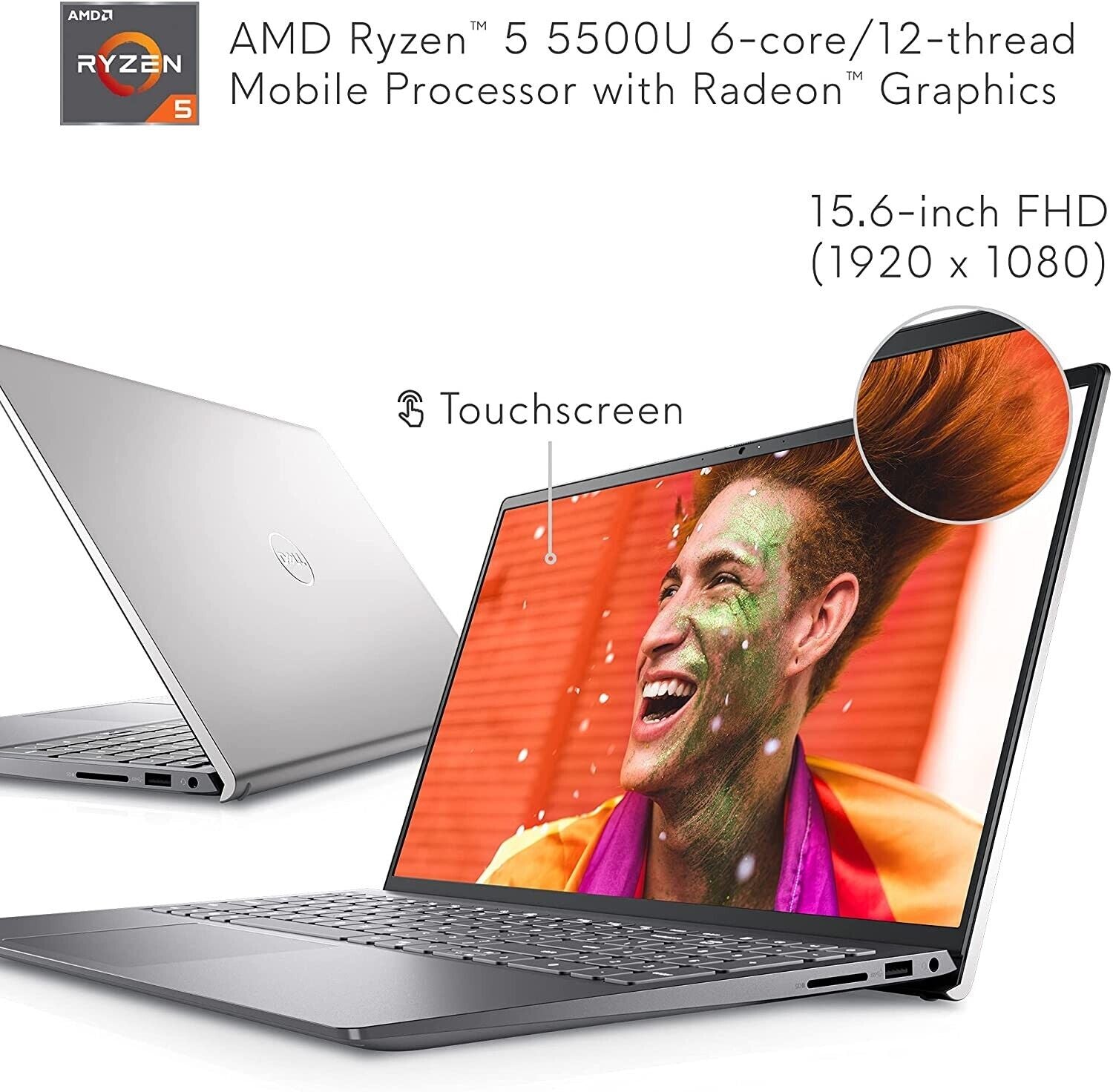 15.6-Inch Touchscreen Laptop - Full HD Display, AMD Ryzen 5 5500U, 8GB DDR4 RAM, 256GB SSD, Windows 11 - Silver E314875