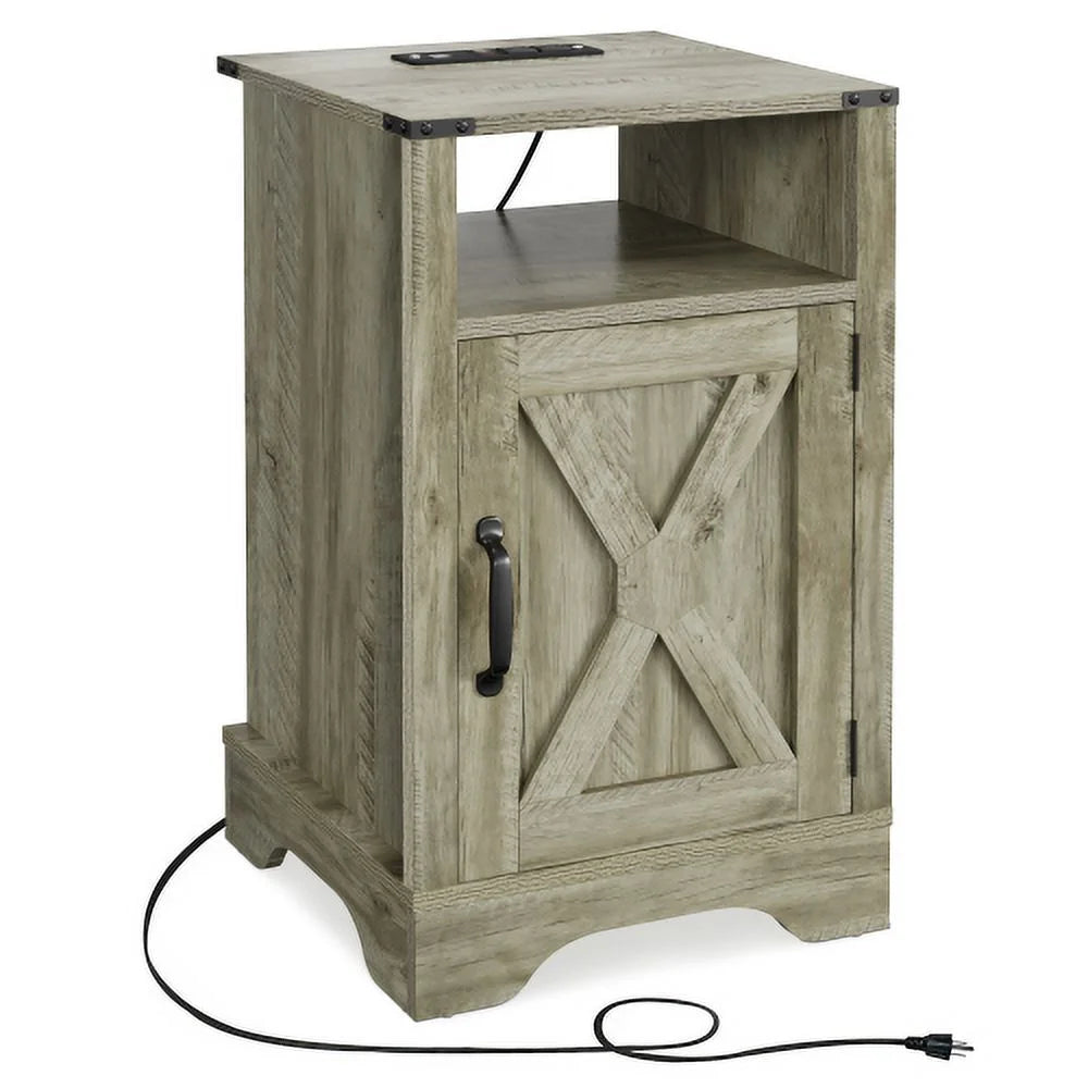 Light Grey Wooden Nightstand with Electrical Outlets H375536