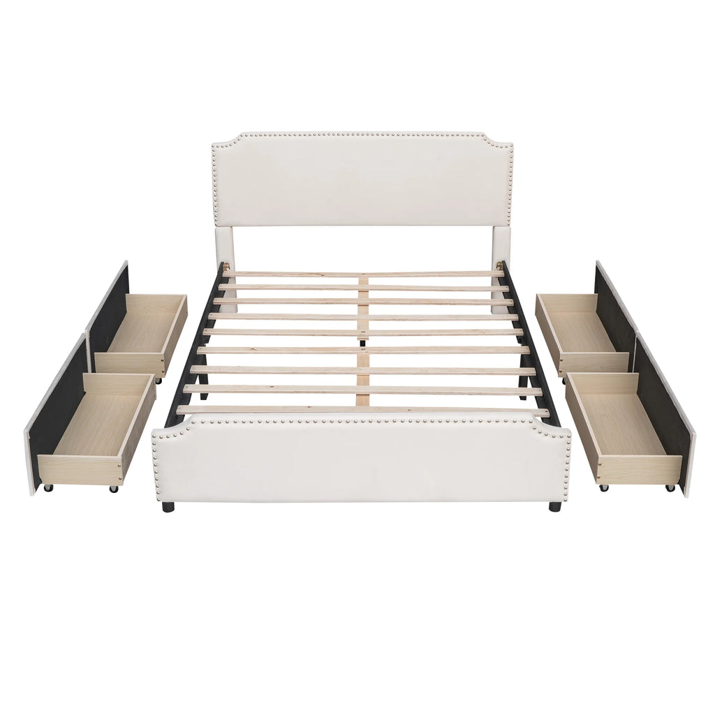 Beige Velvet Queen Size Bed with 4 Storage Drawers K452175