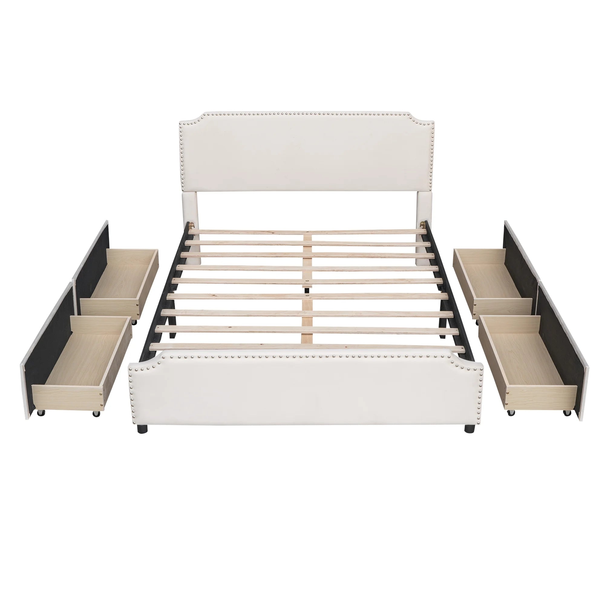 Beige Velvet Queen Size Bed with 4 Storage Drawers K452175