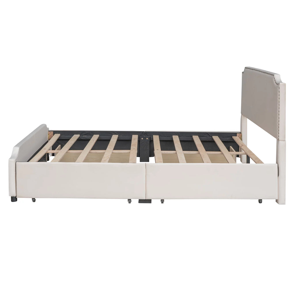 Beige Velvet Queen Size Bed with 4 Storage Drawers K452175
