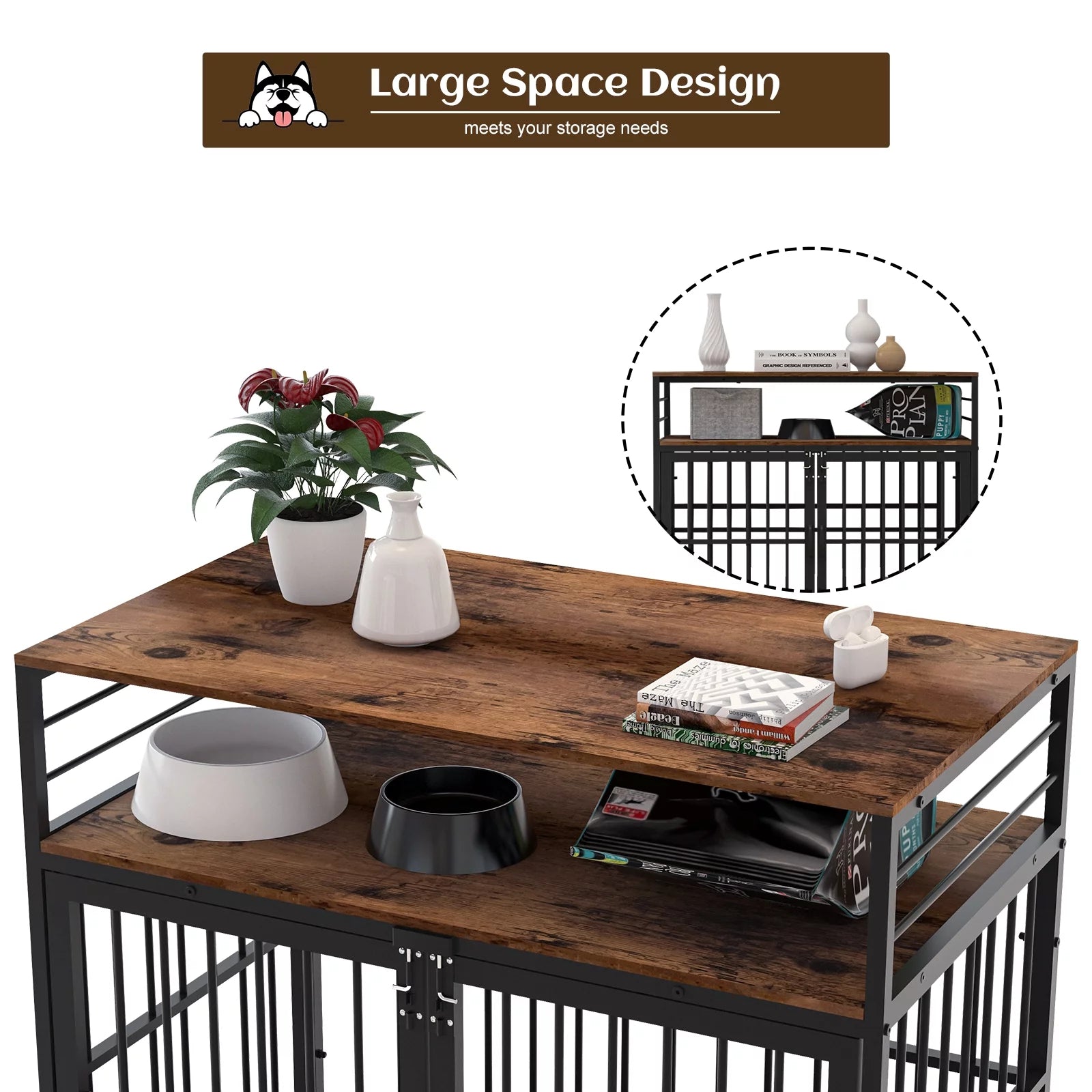 Brown 40" Wooden Dog Crate Furniture with Storage Shelf P713633