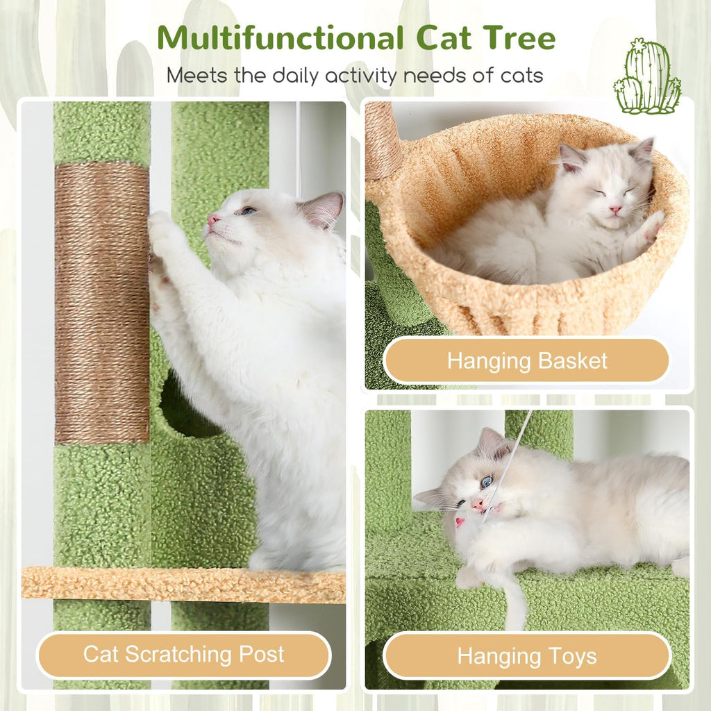 66 inch Multi-Level Cactus Climbing Tower Kitty Condo with Large Platform, 3 Caves A624573