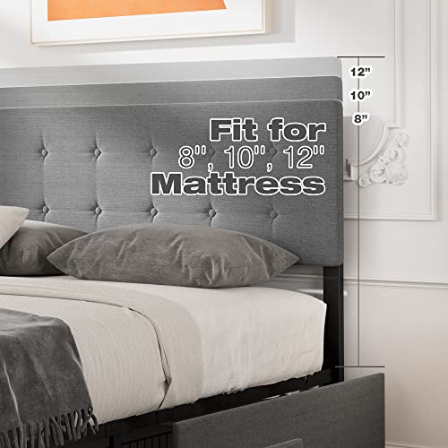 Grey Queen Size Upholstered Platform Bed Frame with 4 Storage Drawers P49629
