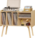 Record Player Stand with 4 Cabinet, Beech Wood Legs, Natural Vinyl Holder Storage Shelf I607278