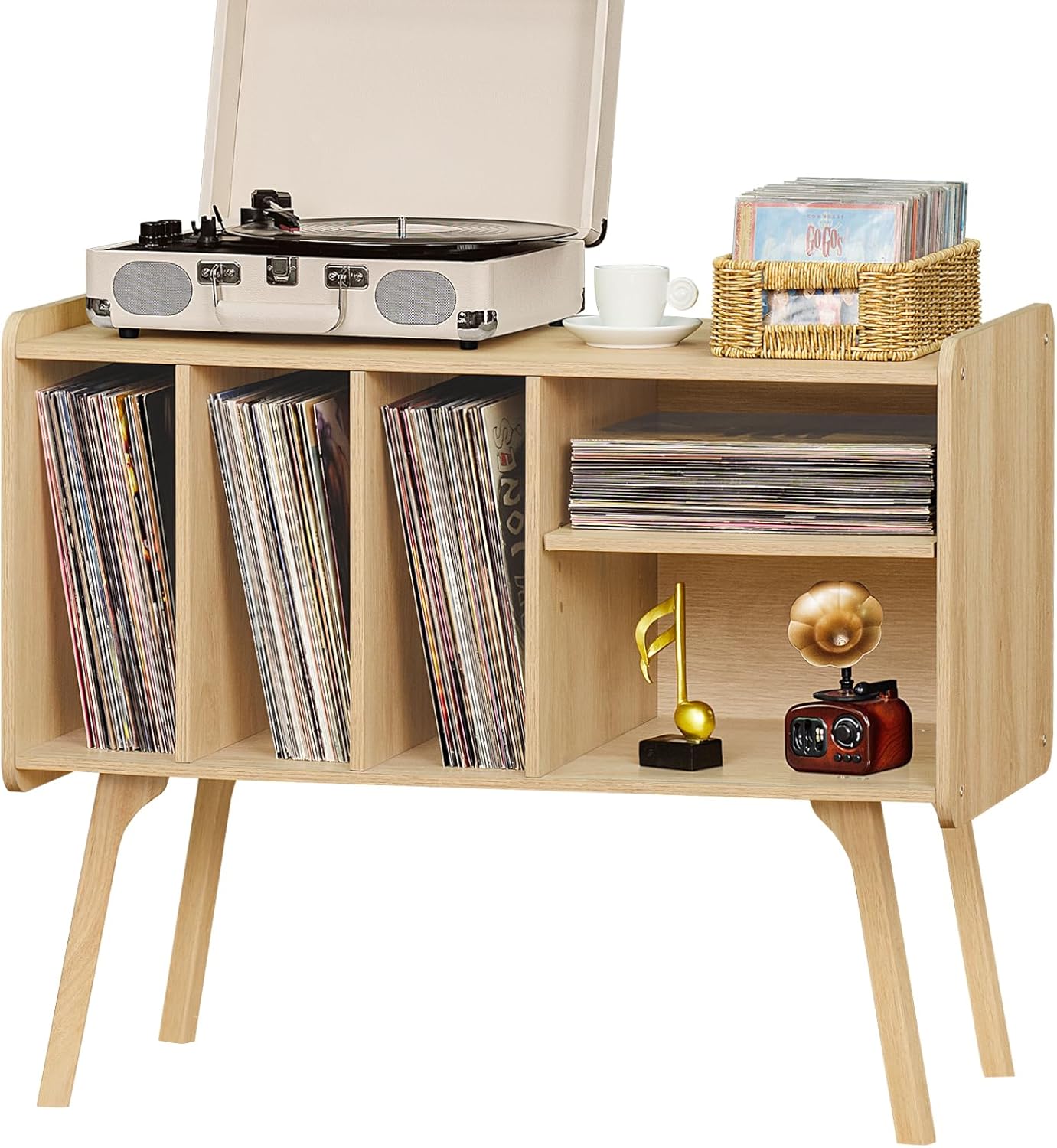 Record Player Stand with 4 Cabinet, Beech Wood Legs, Natural Vinyl Holder Storage Shelf I607278