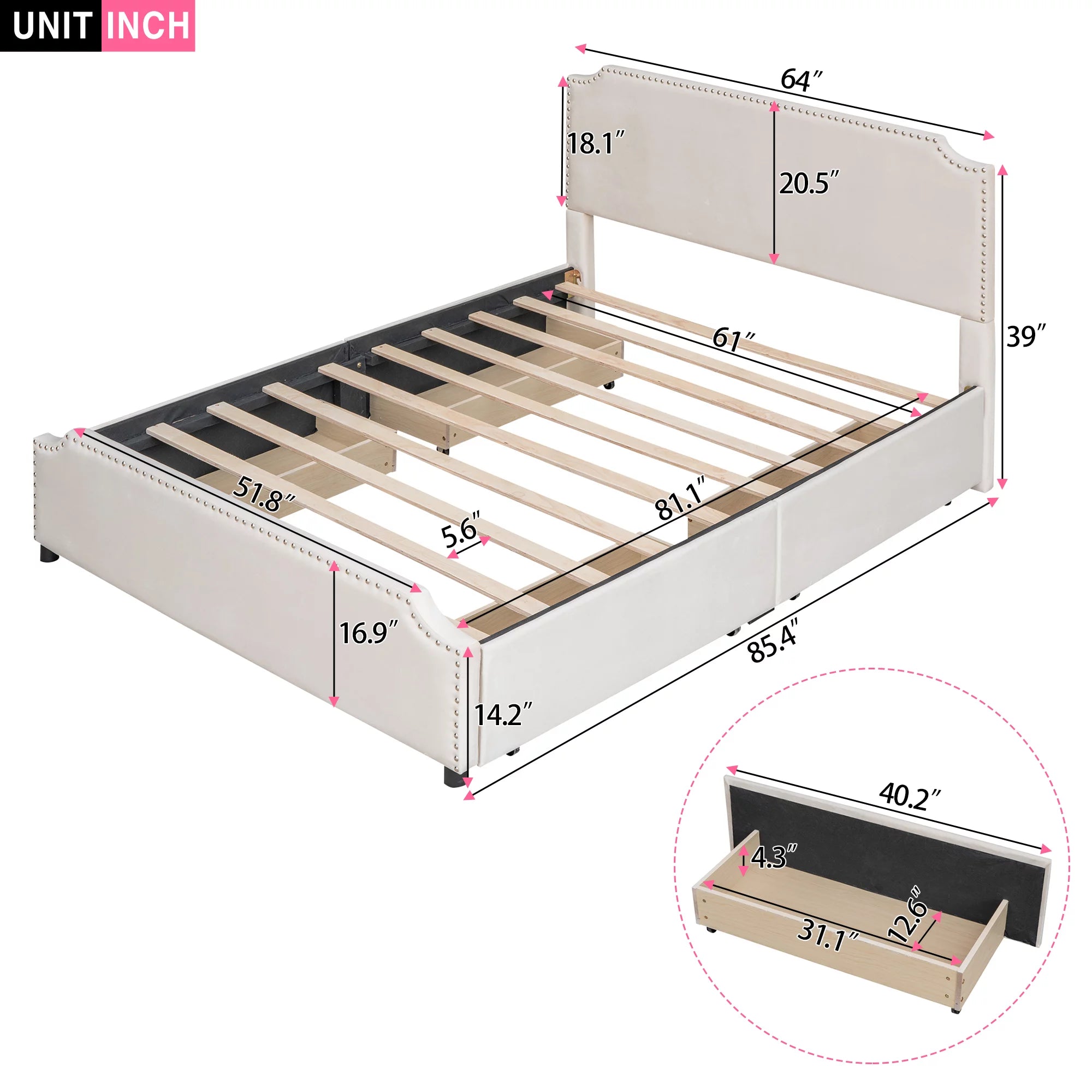 Beige Velvet Queen Size Bed with 4 Storage Drawers K452175