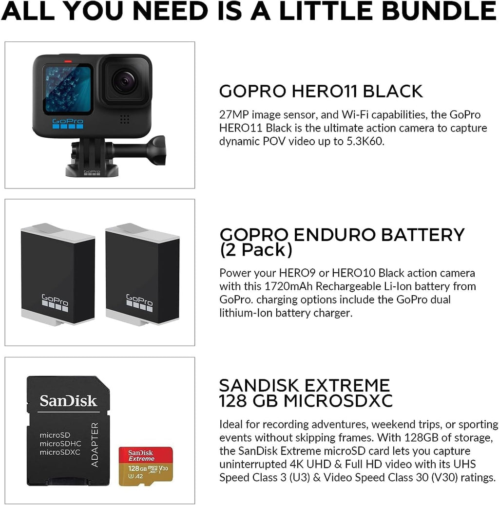 GoPro HERO11 Black 27MP with Sandisk 128 GB Memory Card Enduro Rechargeable Battery Bundle Set S178934