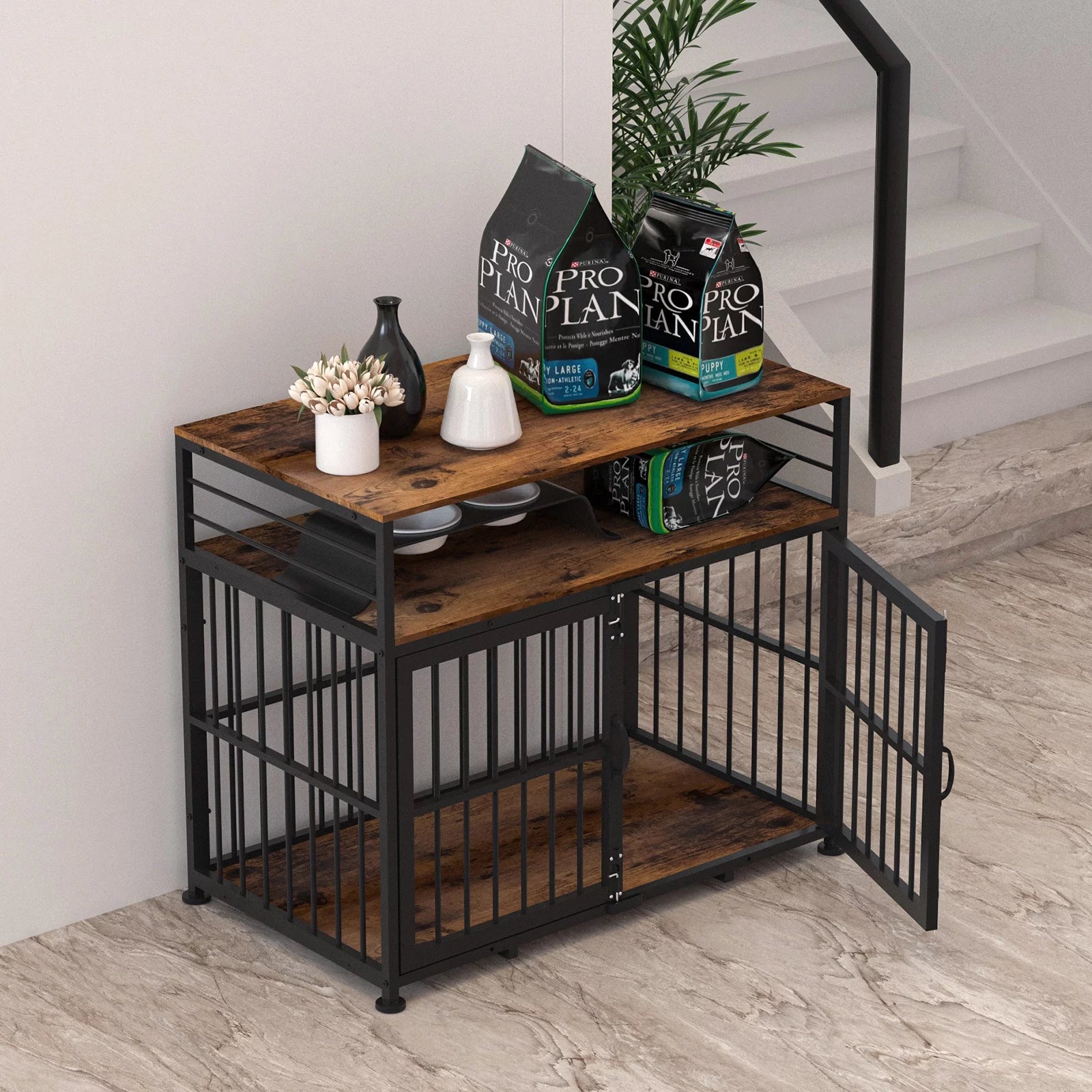 Brown 40" Wooden Dog Crate Furniture with Storage Shelf P713633