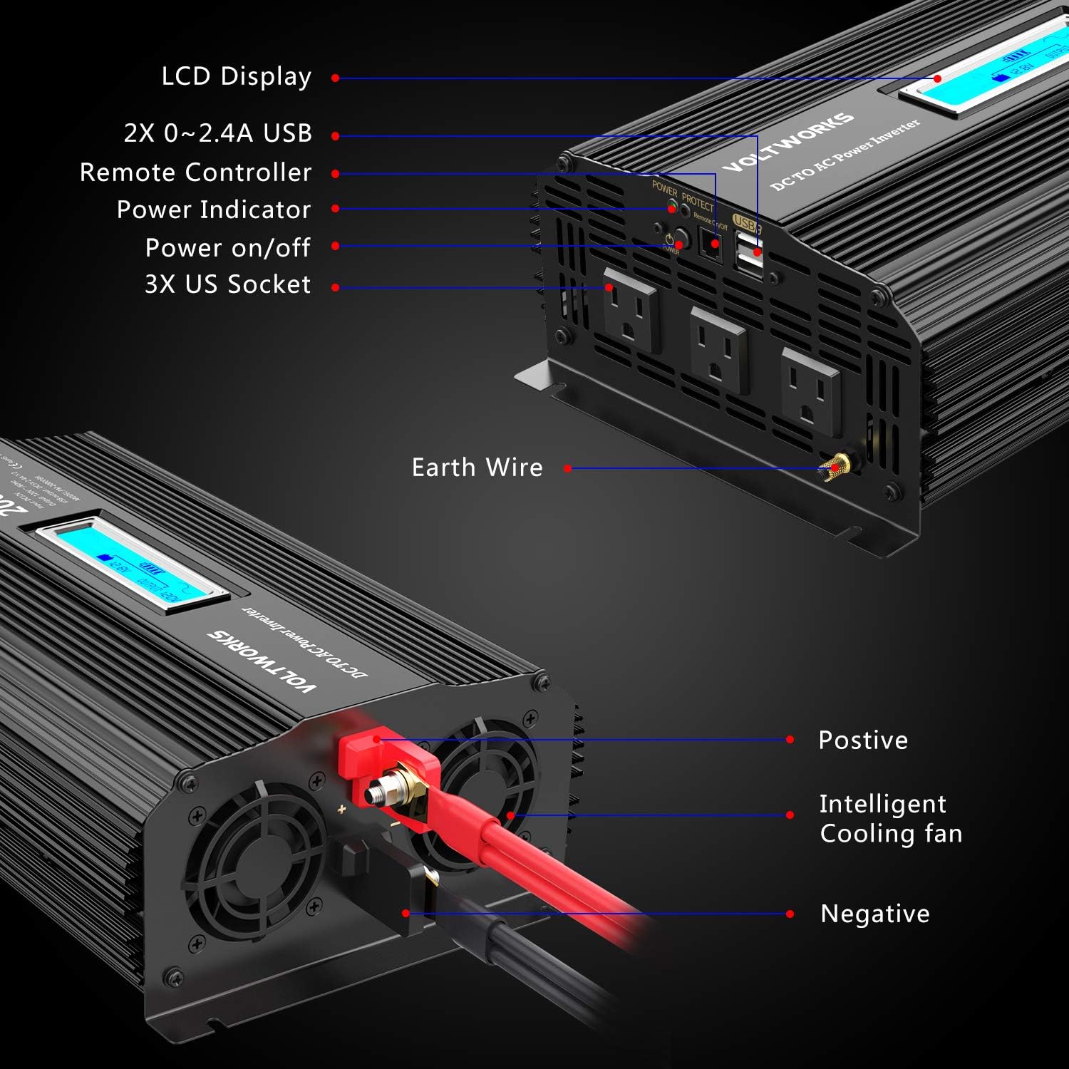 2000w DC 12V to AC 120V Modified Sine Wave Inverter with LCD Display Remote Control and 3AC Outlets Dual 2.4A USB Ports X4782