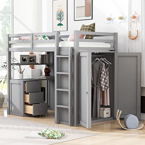 Full Size Solid Wood Loft Bed with Desk and Wardrobe S609