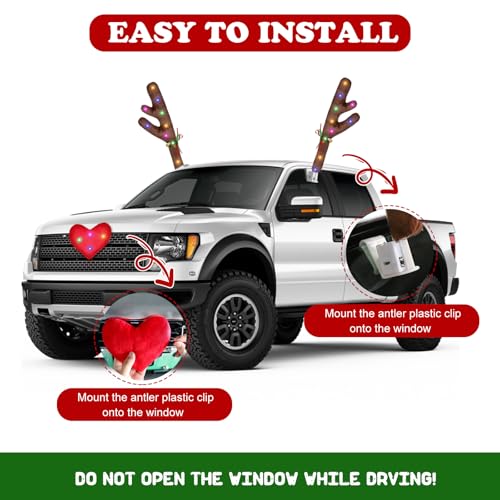 Car Decoration with LED Lights, Car Antlers, Window Sticker, Jingle Bells, Rudolph Nose - Car Reindeer Auto Holiday Accessories Decoration Kit Z459298