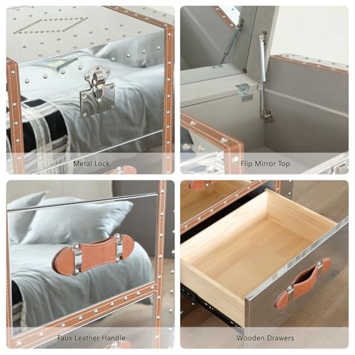 5 Drawers Tall Dresser with Flip Top Mirror Metal Clad Antique Chest I409