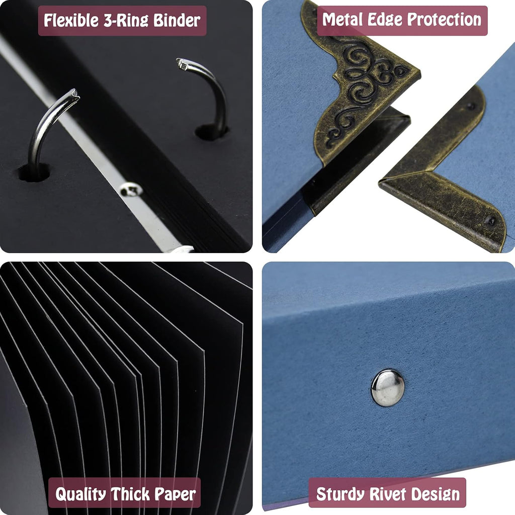 60 Pages Hardcover 8.5x11 Inches 3 Rings Removable Black Paper Scrapbook Photo Album Kit F333