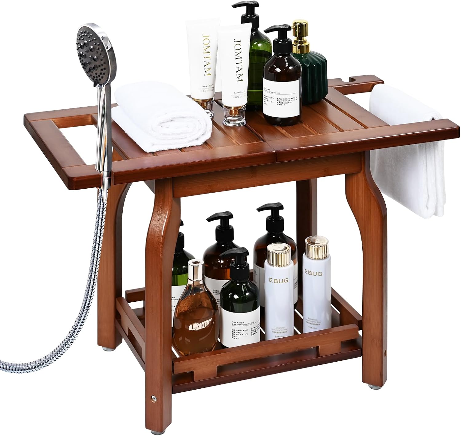 2-Tier Bamboo Shower Chair with Storage Shelf Y1179