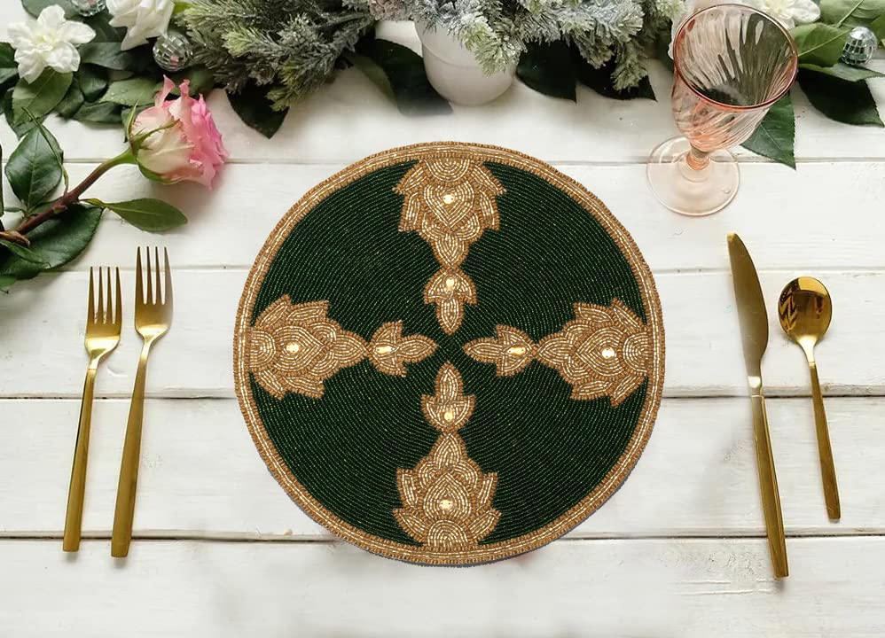 Green Gold Beaded Placemat 13 Inch Round X187