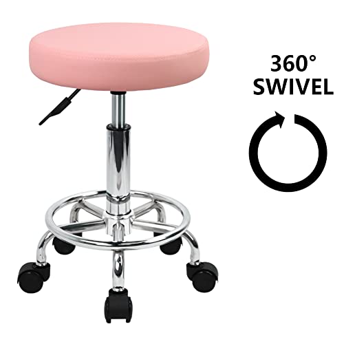 Pink PU Leather Rolling Stool with Foot Rest F7244