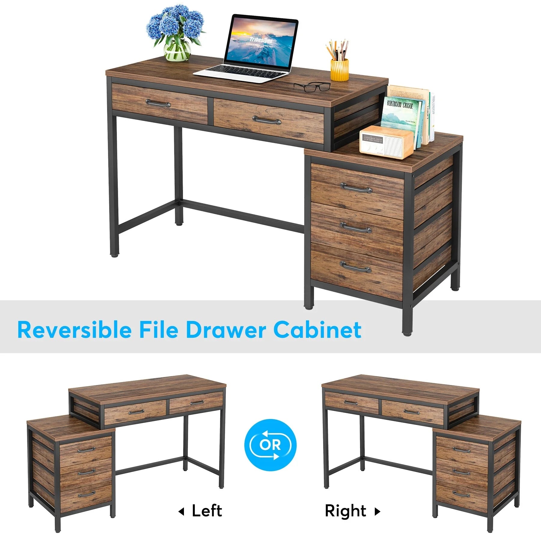 Rustic Brown Reversible Computer Desk with 5 Drawers N581964