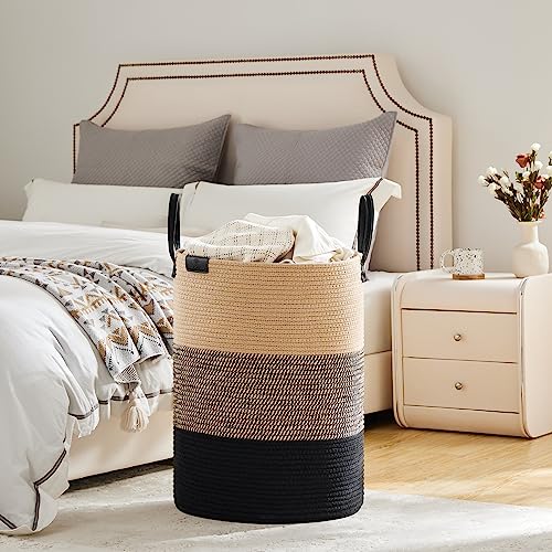 Small Laundry Basket with Leather Handle, Woven Rope Storage Basket, 30L Brown & White G207863