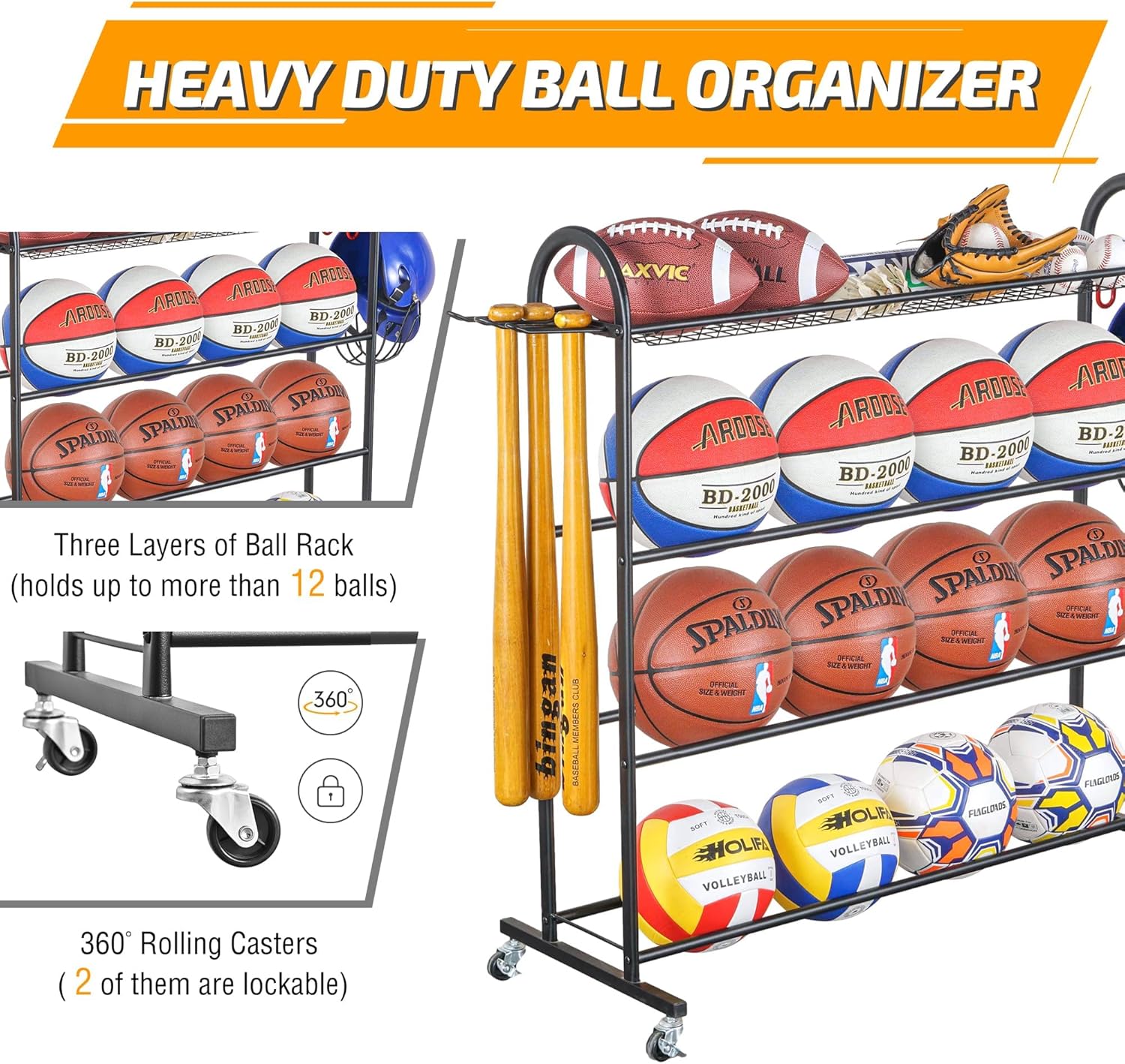 Basketball Rack with Baseball Bat Holder and Hooks, Powder Coated Steel H653