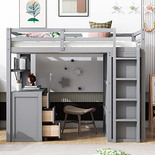Full Size Solid Wood Loft Bed with Desk and Wardrobe S609