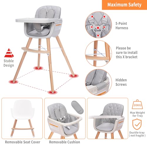 Gray Convertible Wooden High Chair with Adjustable Legs & Dishwasher Safe Tray W199068