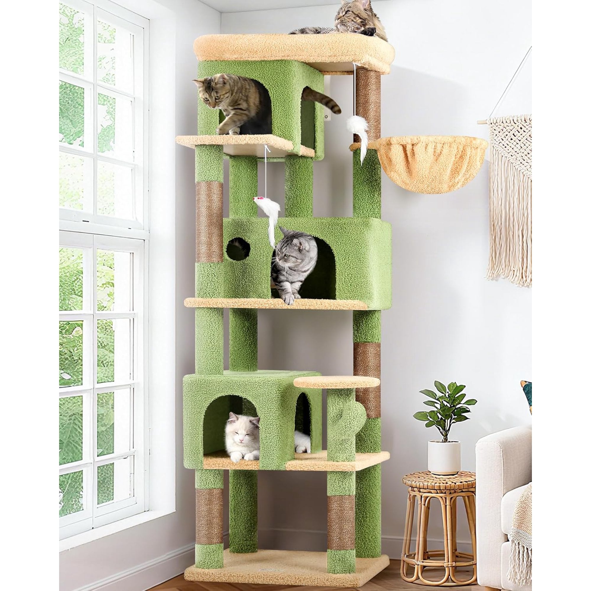 66 inch Multi-Level Cactus Climbing Tower Kitty Condo with Large Platform, 3 Caves A624573