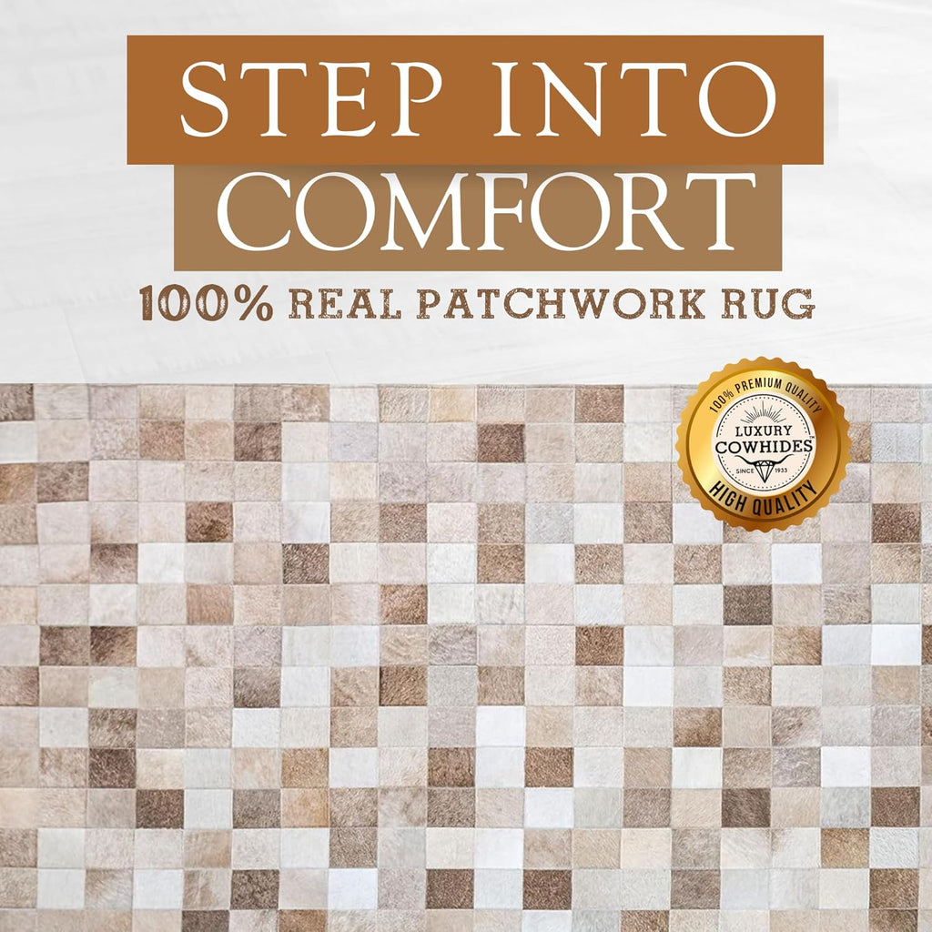 100% Genuine Patchwork Cowhide Rug - Taupe-Champagne, Medium (4x6 Ft.) F466