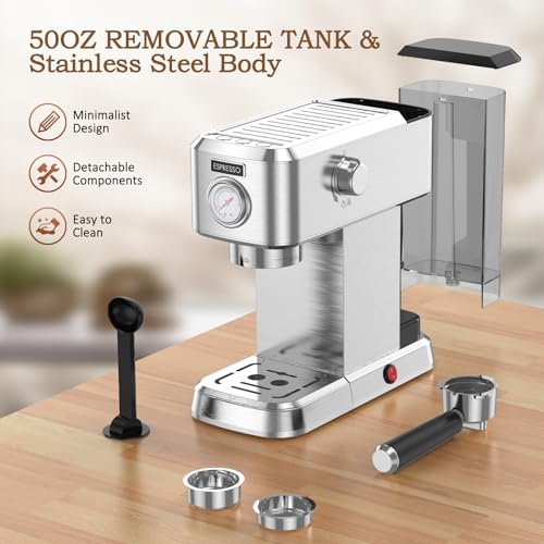 Compact Stainless Steel Espresso Machine with 50oz Water Tank Y8546