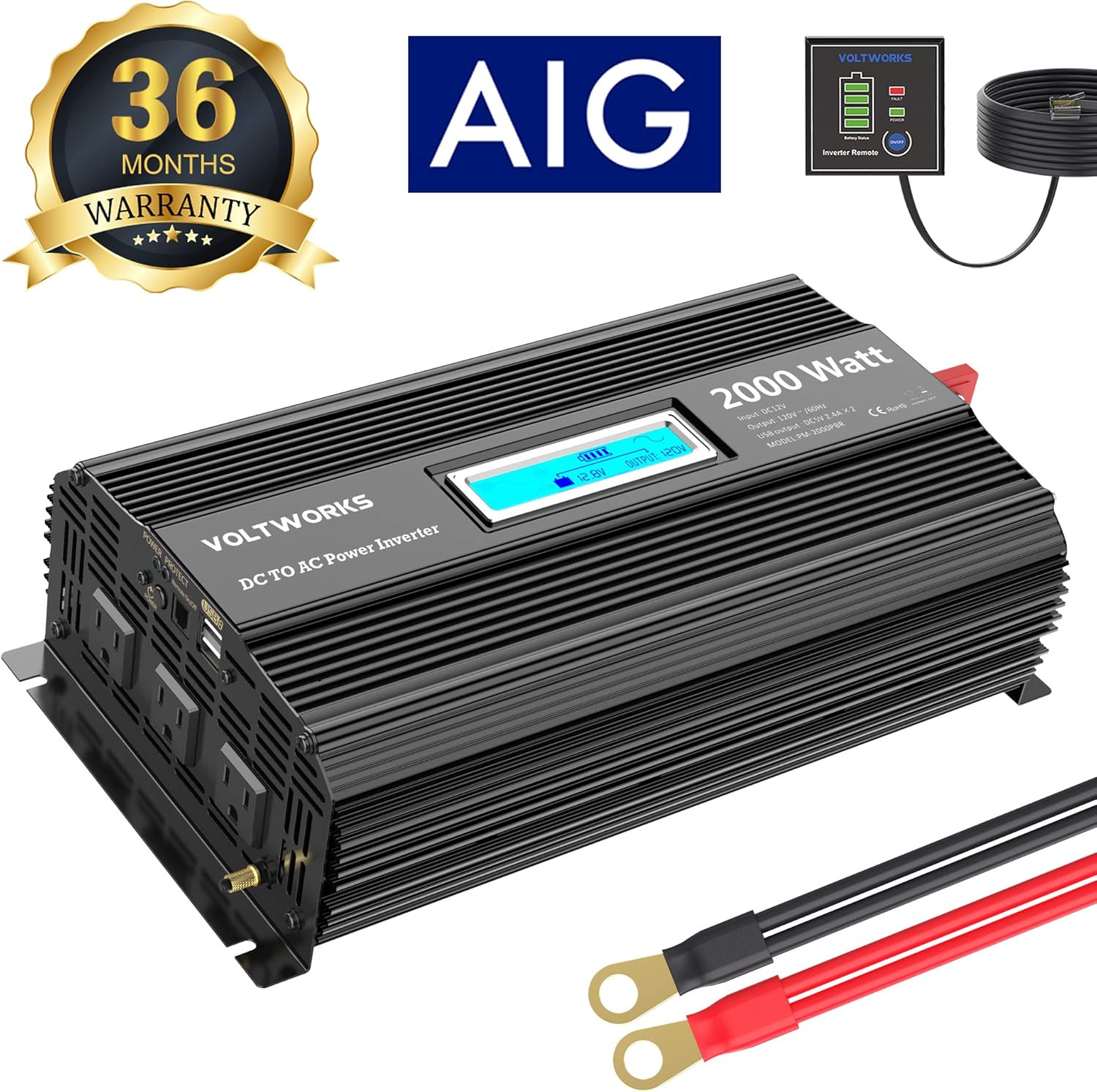 2000w DC 12V to AC 120V Modified Sine Wave Inverter with LCD Display Remote Control and 3AC Outlets Dual 2.4A USB Ports X4782