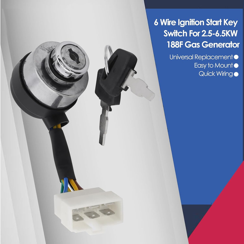 6 Wire Ignition Start Key Switch for 2.5-6.5KW 188F Gas Generator with 2 Key B158