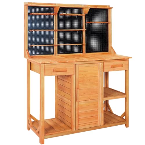 Wooden Potting Bench with Storage Drawer, Cabinet, Metal Pegboard, Adjustable Hooks and Shelves R807071