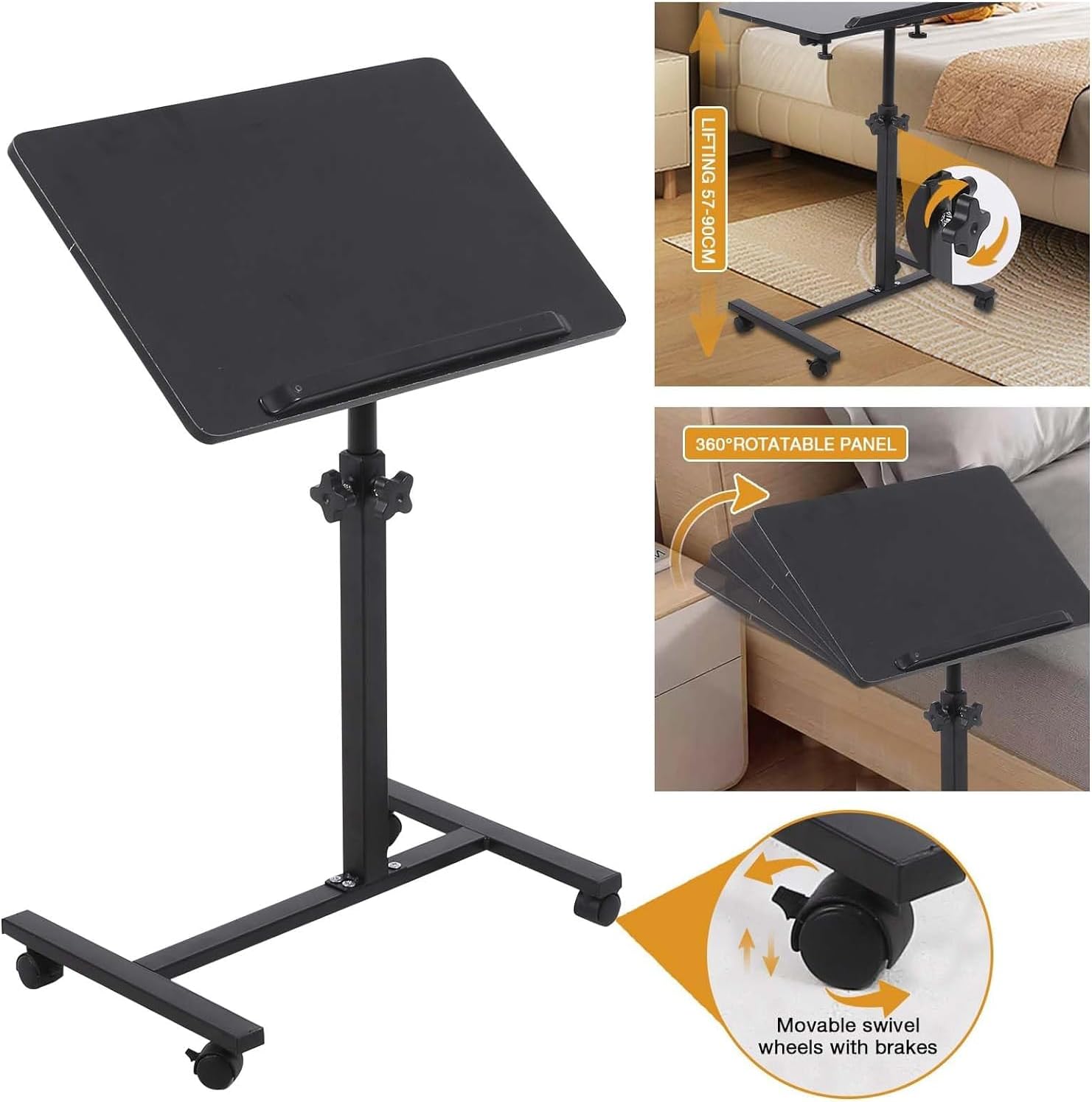 Adjustable Overbed Bedside Table with Wheels Black I3967