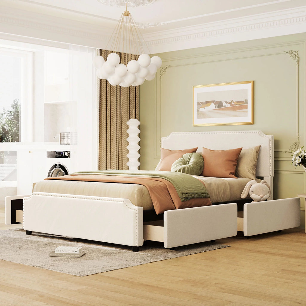 Beige Velvet Queen Size Bed with 4 Storage Drawers K452175
