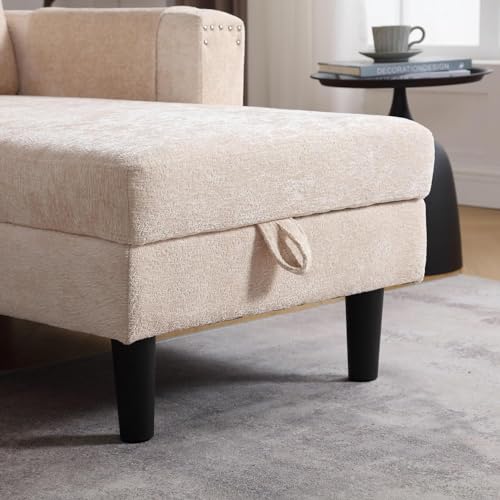 Beige L Shape Chenille Pull Out Sofa Bed Y304