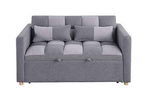 Brown Teddy Fabric Pull Out Sleeper Sofa with Adjustable Backrest and Pillows G628159