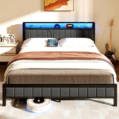 Gray Queen Size Metal Platform Bed Frame with Storage Headboard J362