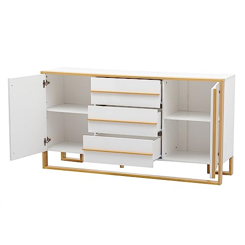White and Gold Buffet Table with 3 Drawers 2 Doors B10814