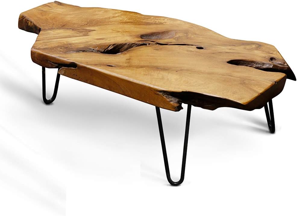 Natural Wood Edge Teak Coffee Table with Clear Lacquer Finish and Metal Hairpin Legs D502538
