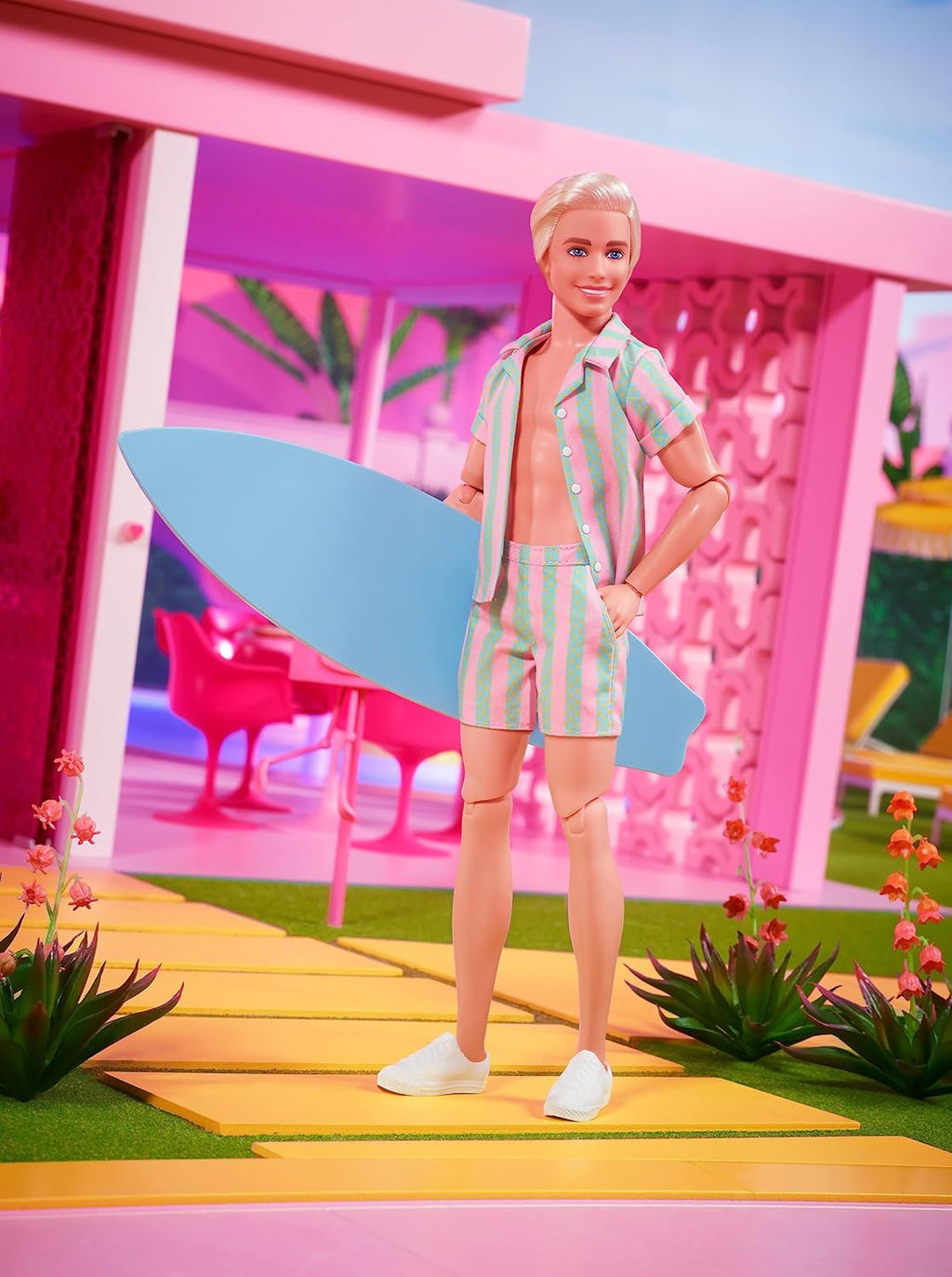 Ken Doll wearing Pastel Pink & Green Striped Beach Matching Set with Surfboard & White Sneakers S4005