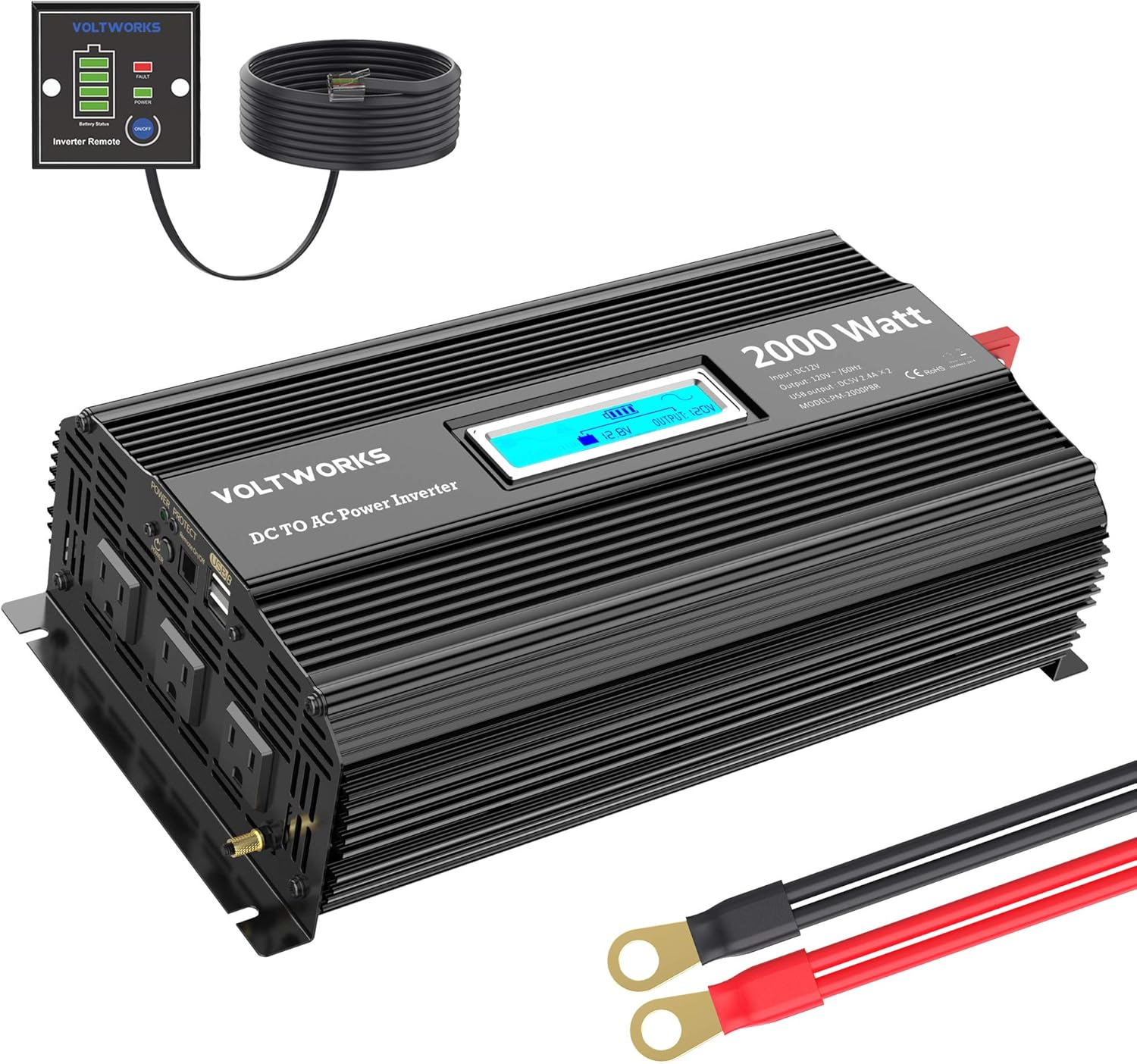 2000w DC 12V to AC 120V Modified Sine Wave Inverter with LCD Display Remote Control and 3AC Outlets Dual 2.4A USB Ports X4782