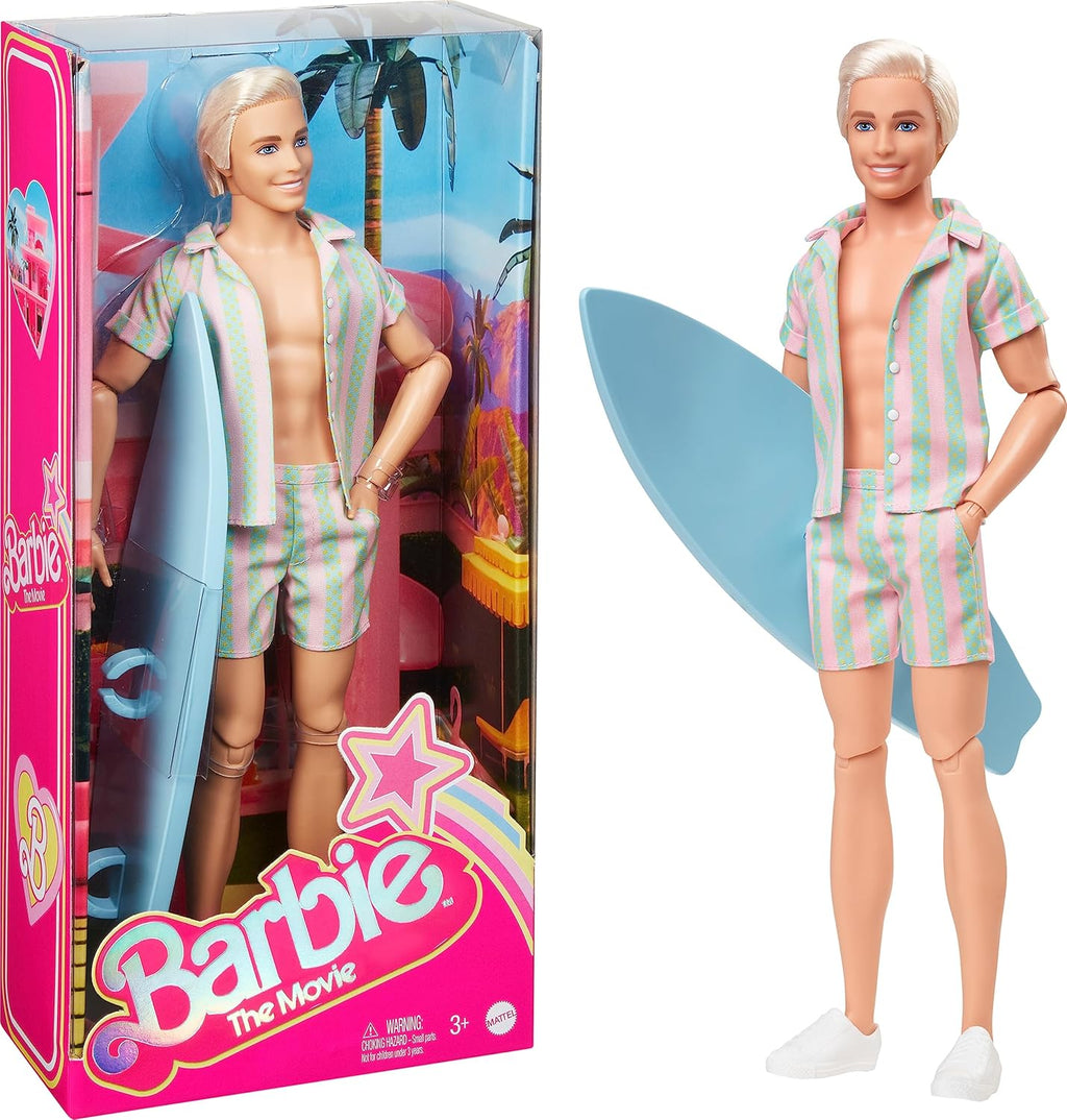 Ken Doll wearing Pastel Pink & Green Striped Beach Matching Set with Surfboard & White Sneakers S4005