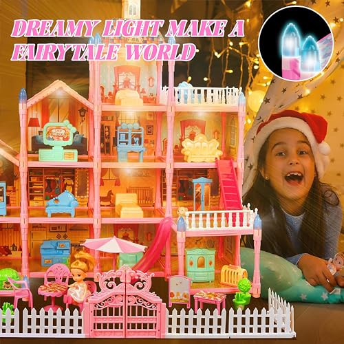 13 Rooms Dollhouse with Dolls Figures, Lights, Puppies, Furnitures, Accessories (Pink) G51832