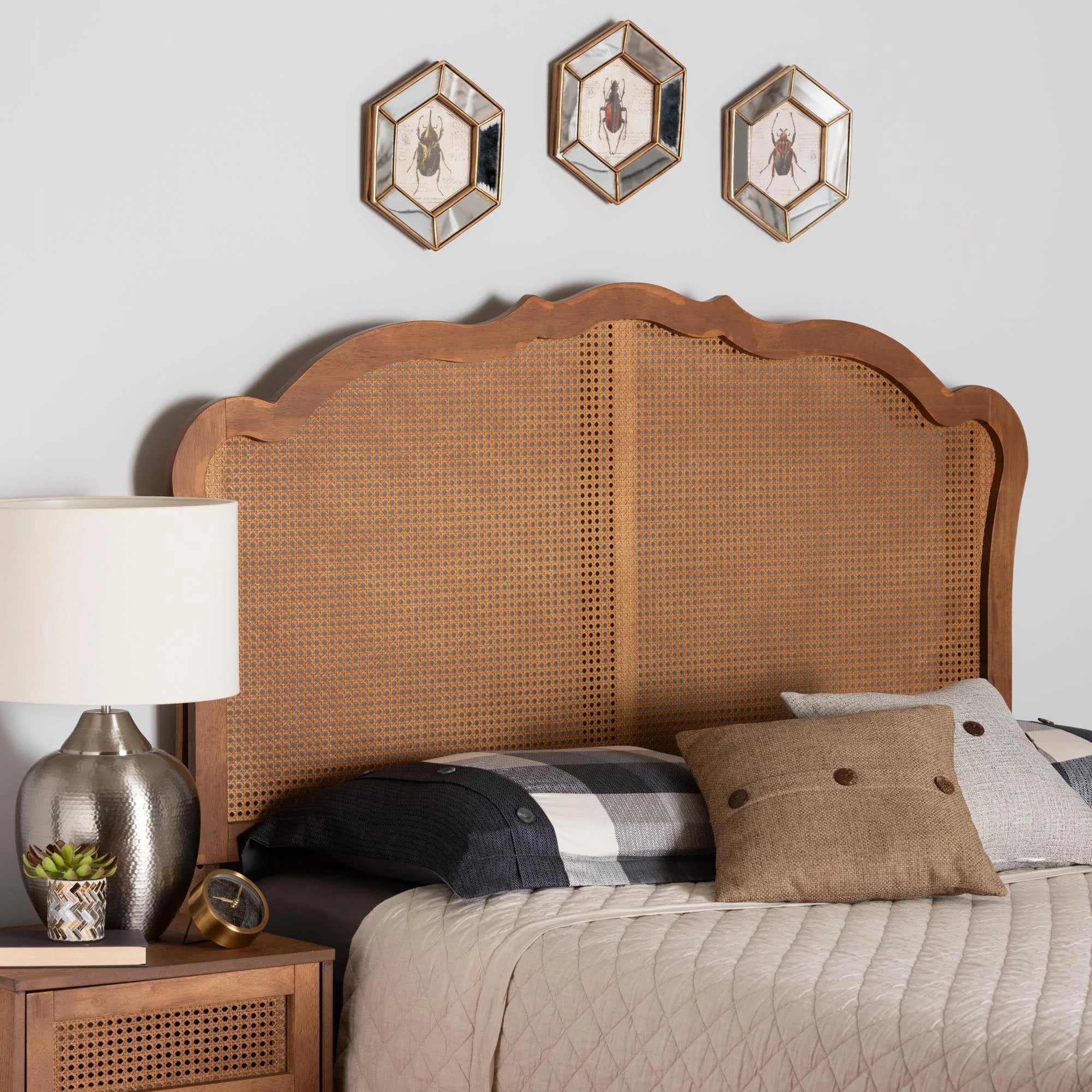 Ash Walnut Finished Wood Queen Size Headboard with Rattan A26517