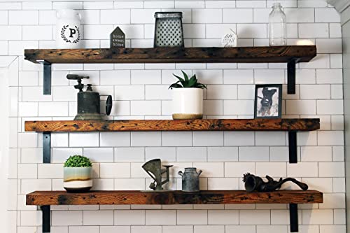 Reclaimed Wood Wall Shelf with Steel Angle Brackets, 36" L x 6" D, Unfinished Z4419