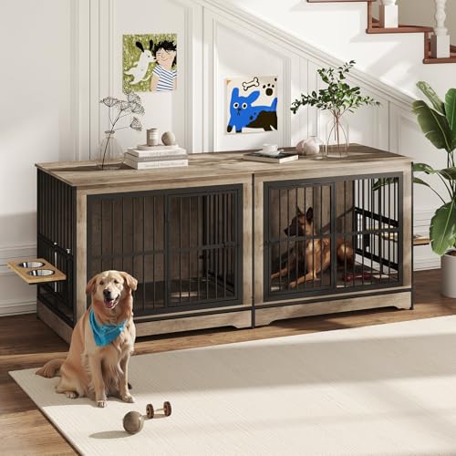 Rustic Brown Double Dog Crate Furniture with Divider E43916