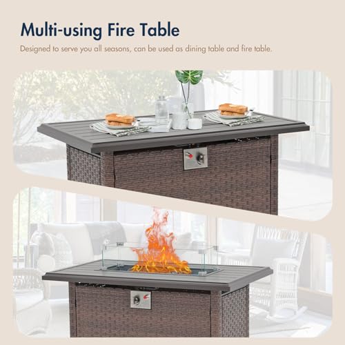 43 Inch Wicker Propane Fire Pit Table with Aluminum Tabletop, Taupe Rattan O7562