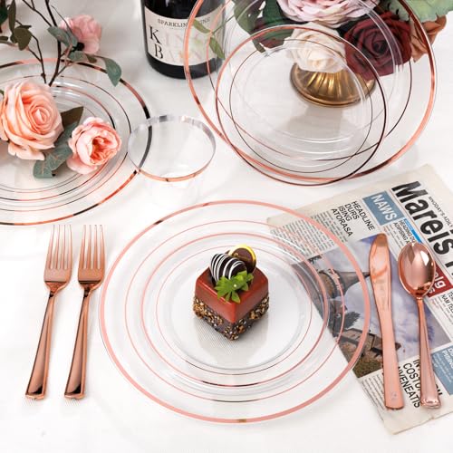 300PCS Gold Disposable Dinnerware Set - White and Gold Plastic Plates X40148