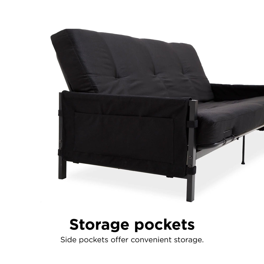 Black Metal Frame Futon Set with Mattress and Storage Pockets O515915