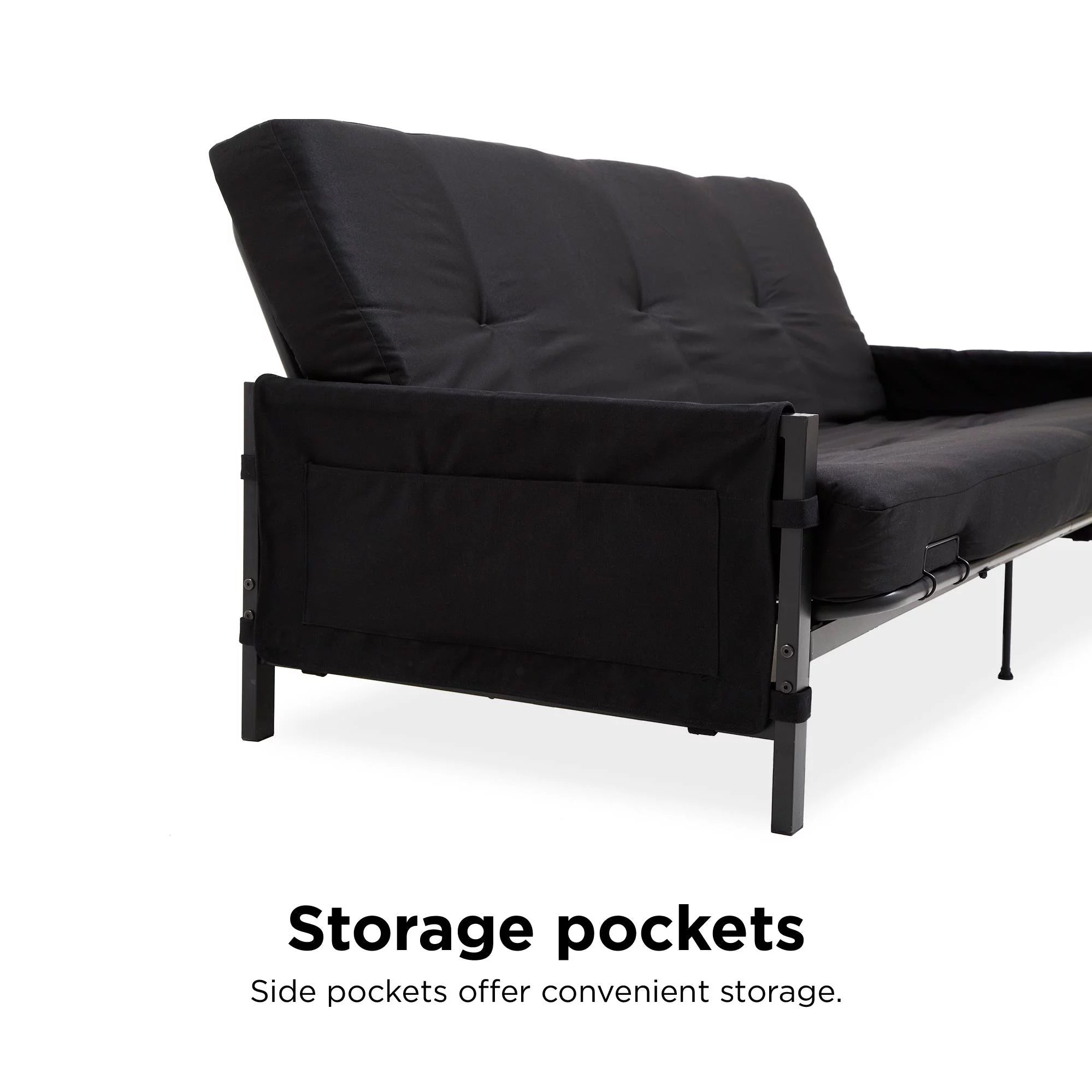 Black Metal Frame Futon Set with Mattress and Storage Pockets O515915